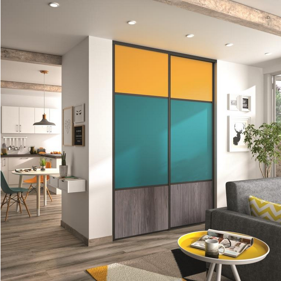 Porte Mezzo 
Jaune Curry , Vert Niagara et Wacapou - Profil Smart Sablé Graphite .